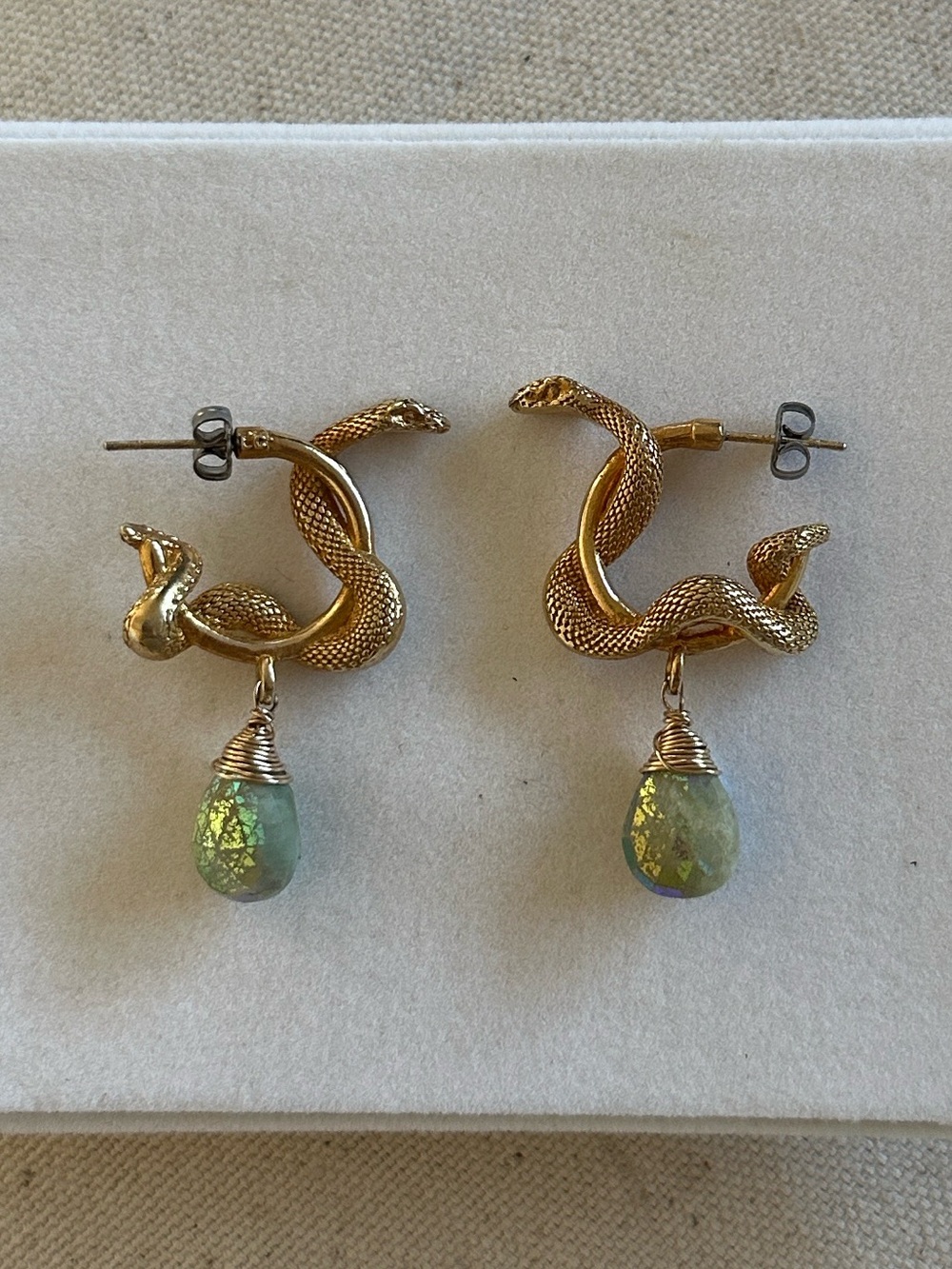 Gold Snake Hoop Earrings with Iridescent Green Stone Drops